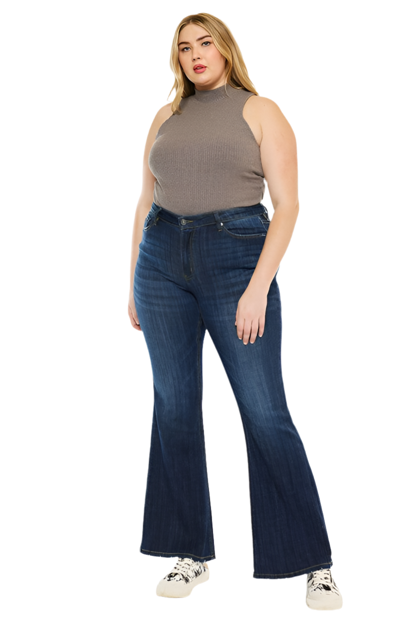 PLUS PETITE DARK WASH MID RISE FLAR JEANS