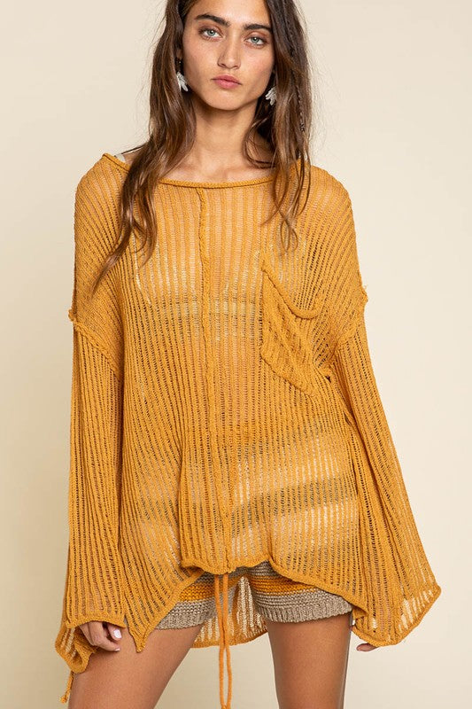 Loose Fit See-through Boat Neck Sweater