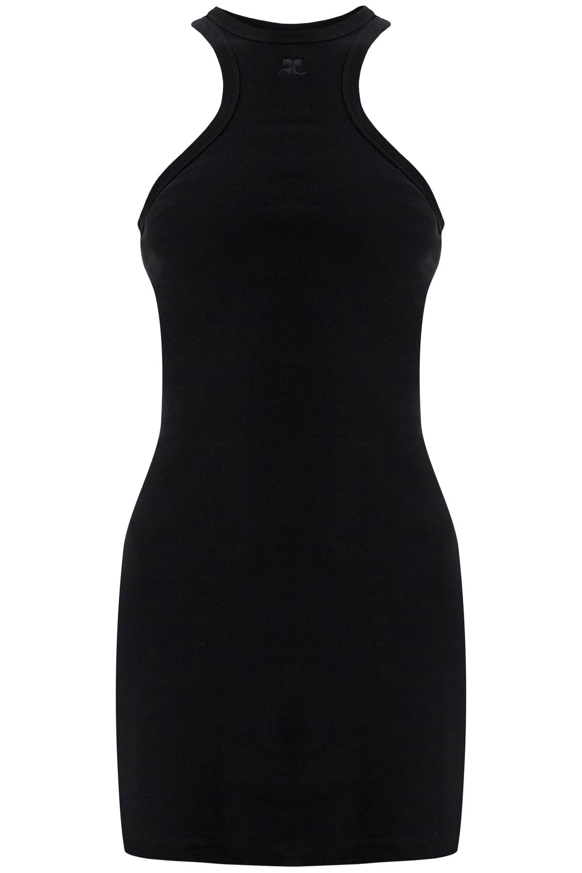 Courreges black cotton mini dress with high neck and sleeveless design