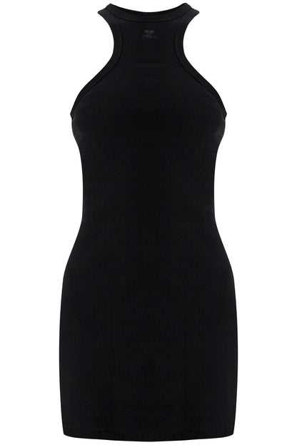 Courreges black cotton mini dress with high neck and sleeveless design