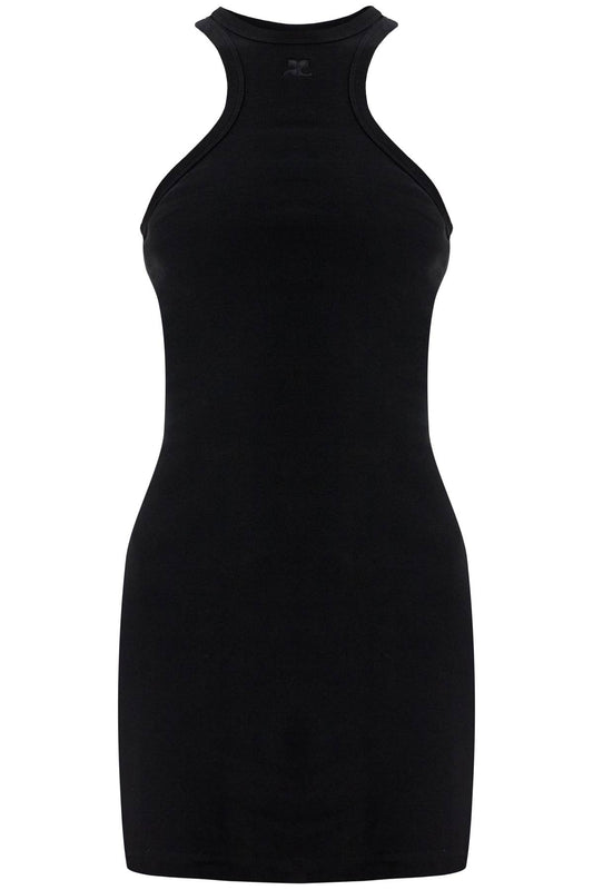 Courreges black cotton mini dress with high neck and sleeveless design