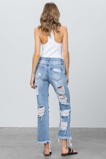 Heavy Destroyed Frayed Hem Straight Jeans