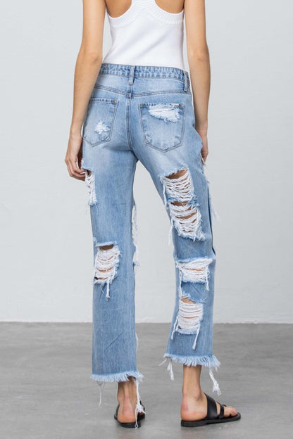 Heavy Destroyed Frayed Hem Straight Jeans