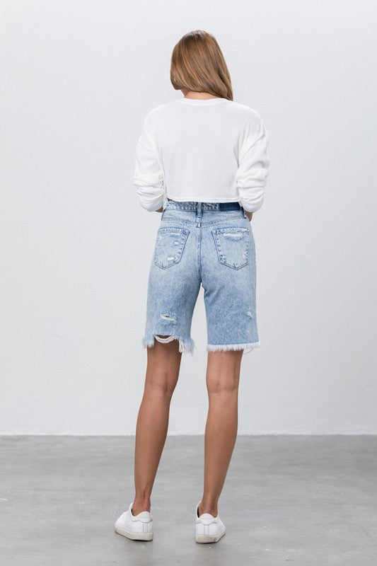 HIGH RISE FRAYED HEM Bermuda DENIM SHORTS