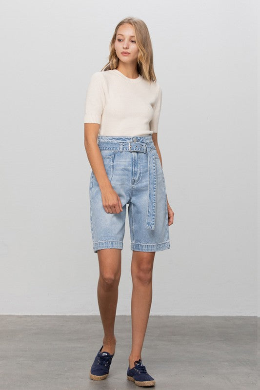 Self Belted Bermuda Denim Shorts