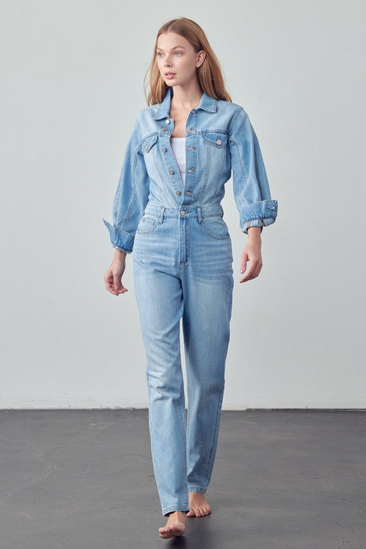 High Waist Flap Pocket Half Button Denim Jumpsuit