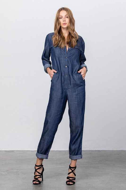 Collared Button Front Tencel Jumpsuit