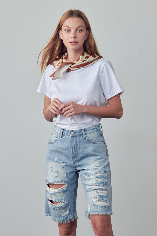 High Rise Ripped Bermuda Denim Shorts