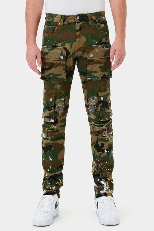 CAMO MULTI CARGO SLIM STRAIGHT PANTS