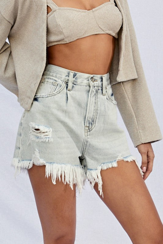 HIGH RISE FRAYED DENIM SHORTS