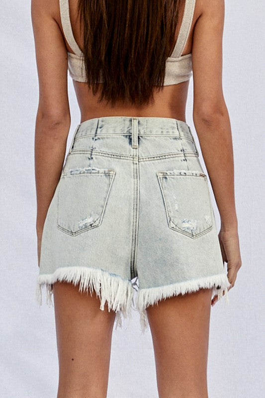 HIGH RISE FRAYED DENIM SHORTS