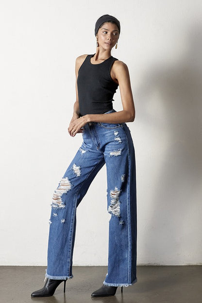 “TYLA” Distressed Frayed Hem Dad Jeans