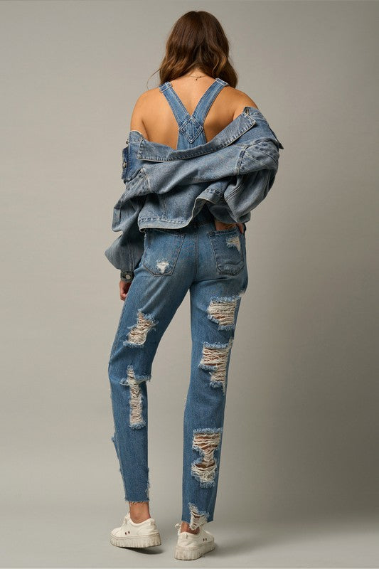 “PRICILLA” DISTRESSED STRAIGHT FIT OVERALL