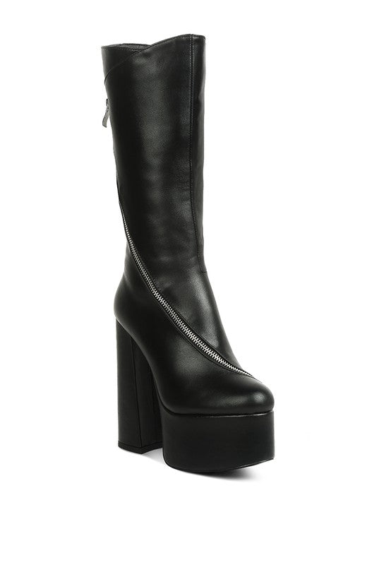 “ZARA” Faux Leather High Heeled Platfrom Calf Boots