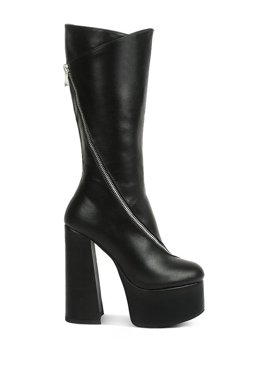 “ZARA” Faux Leather High Heeled Platfrom Calf Boots