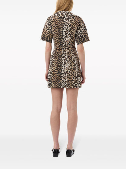 Ganni leopard print cotton wrap mini dress