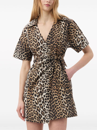 Ganni leopard print cotton wrap mini dress