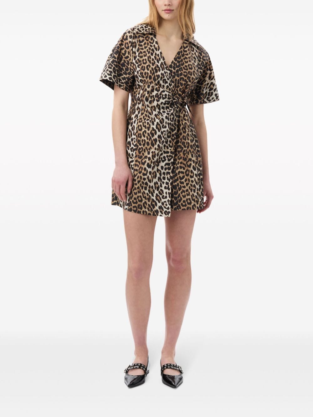 Ganni leopard print cotton wrap mini dress