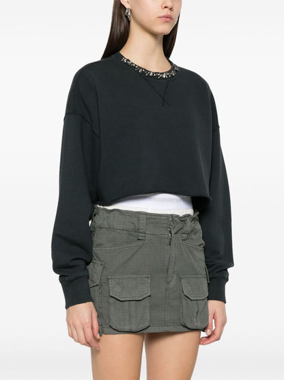 Golden Goose Cropped Cotton Sweatshirt with Crystals on the Front