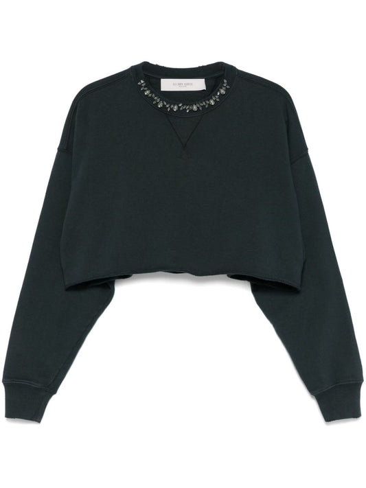 Golden Goose Cropped Cotton Sweatshirt with Crystals on the Front