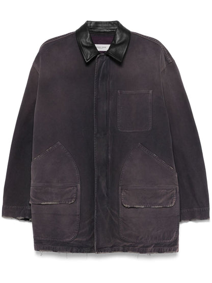 Golden Goose denim jacket with distressed details and leather collar