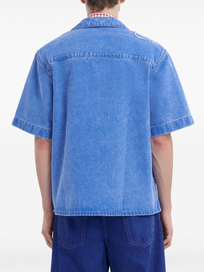 Marni Embroidered frayed denim short sleeve shirt