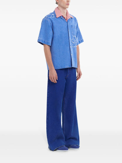 Marni Embroidered frayed denim short sleeve shirt