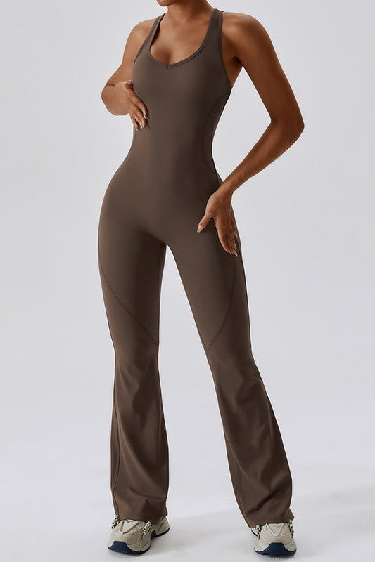 “BETRICE” Solid flared trousers cutout back jumpsuit