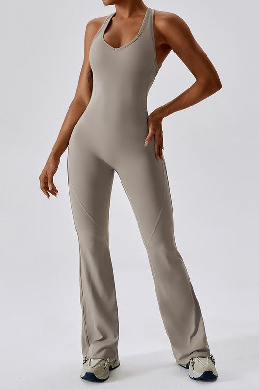 “BETRICE” Solid flared trousers cutout back jumpsuit