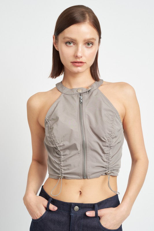 “BETH” ZIP FRONT HALTER NECK CROPPED TOP