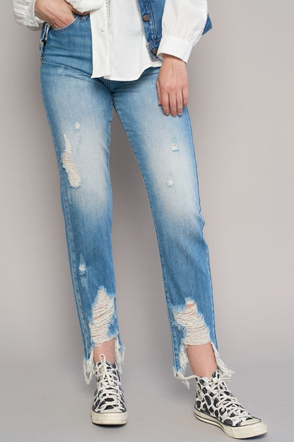 “HELEN” HIGH WAIST DESTROYED HEM BOYFRIEND JEANS