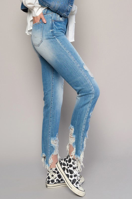 “HELEN” HIGH WAIST DESTROYED HEM BOYFRIEND JEANS