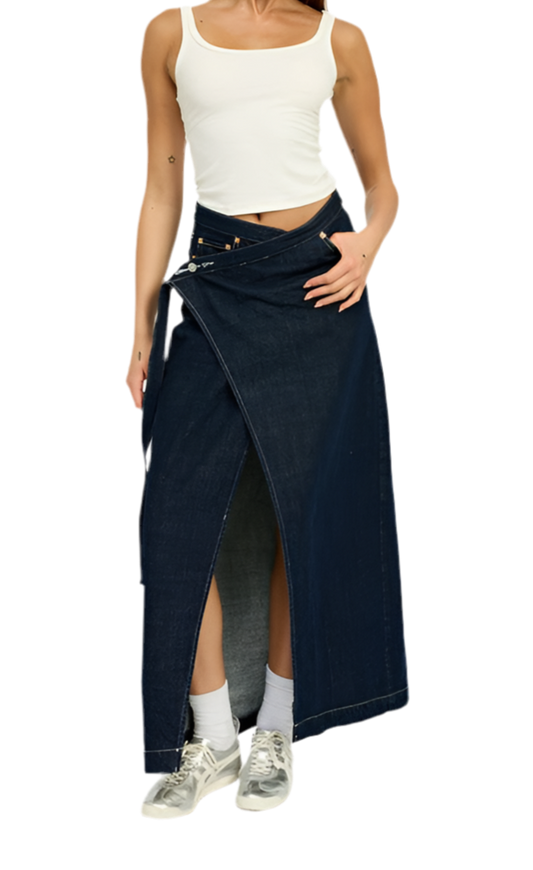 “LEXIE” WRAPPED MAXI DENIM SKIRT