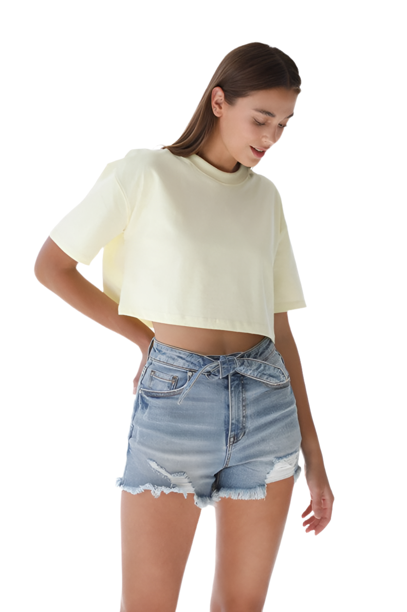 Ribbon Tie Frayed Denim Shorts