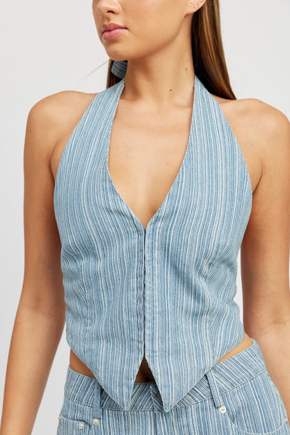 HALTER DENIM TOP WITH BACK TIE