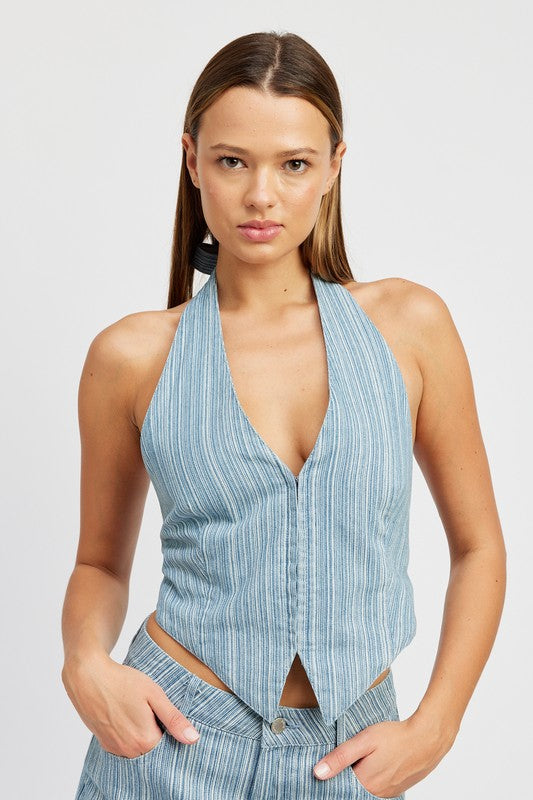 HALTER DENIM TOP WITH BACK TIE