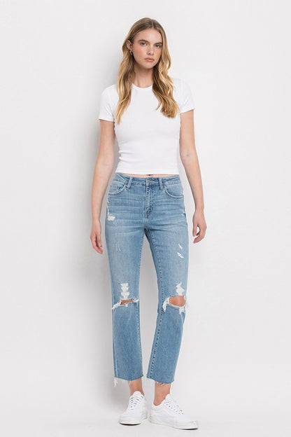 “PAULA” High Rise Distressed Cropped Straight Jeans