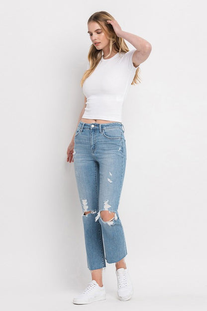 “PAULA” High Rise Distressed Cropped Straight Jeans