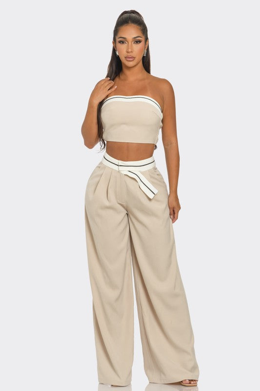 CONTRAST-TRIM TUBE TOP AND WIDE-LEG PANTS SET