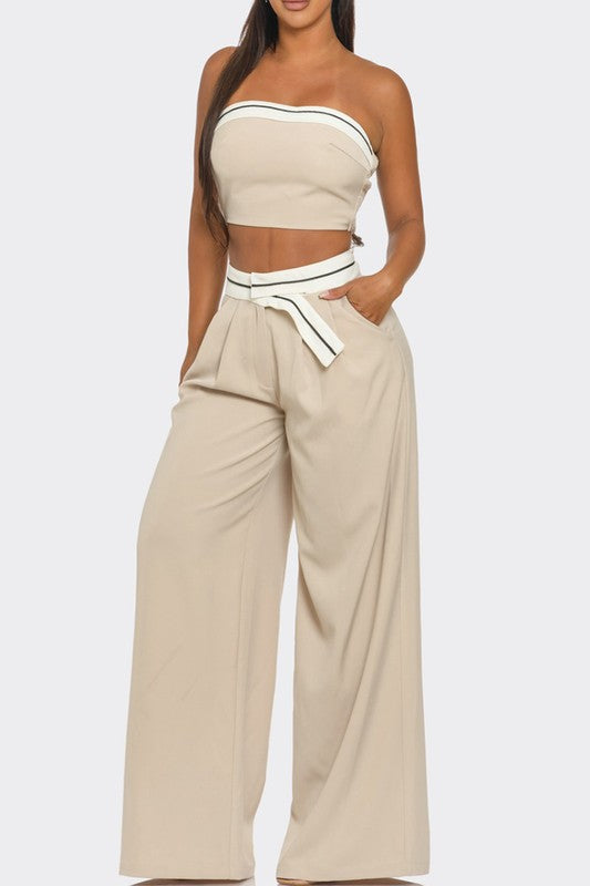 CONTRAST-TRIM TUBE TOP AND WIDE-LEG PANTS SET