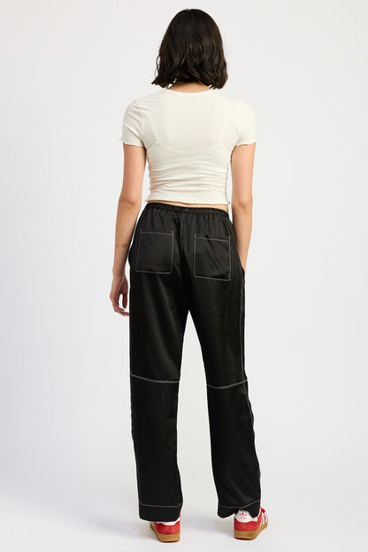 SATIN LOUNGE PANTS WITH CONTRASTED STITCH