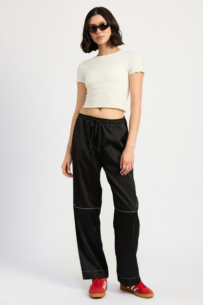 SATIN LOUNGE PANTS WITH CONTRASTED STITCH