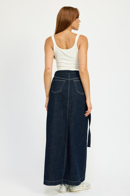 “LEXIE” WRAPPED MAXI DENIM SKIRT