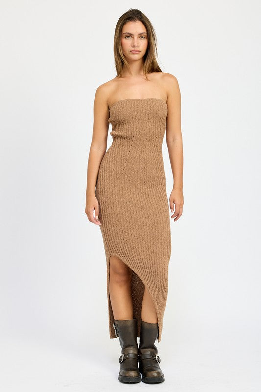 “ISSA” ASYMMETRICAL RIBBED MAXI TUBE DRESS