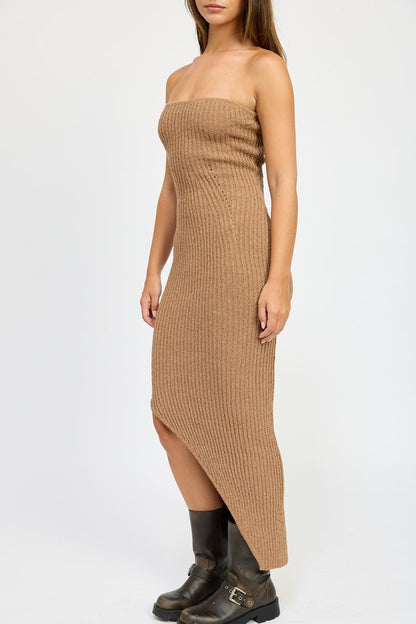 “ISSA” ASYMMETRICAL RIBBED MAXI TUBE DRESS