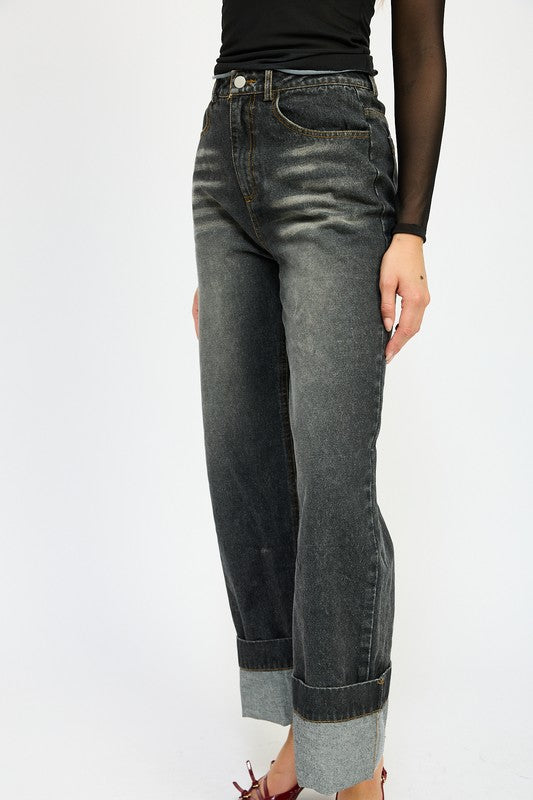 “DANNY” WASHED DENIM PANTS WITH FOLD OVER DETAIL