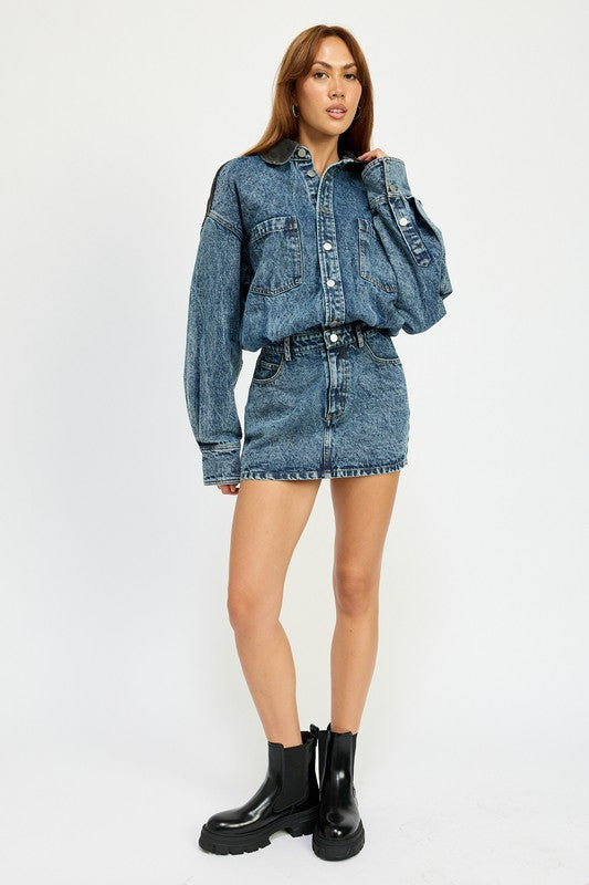 “ALEX” BUTTON UP DENIM MINI DRESS