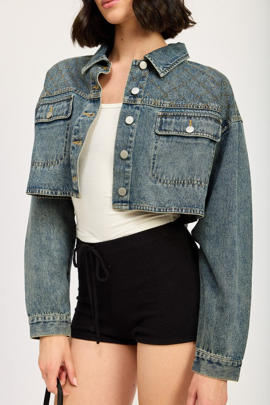 “CHRISTINE” EMBROIDERED DENIM CROP JACKET