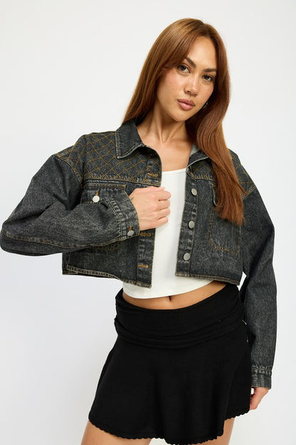 “CHRISTINE” EMBROIDERED DENIM CROP JACKET