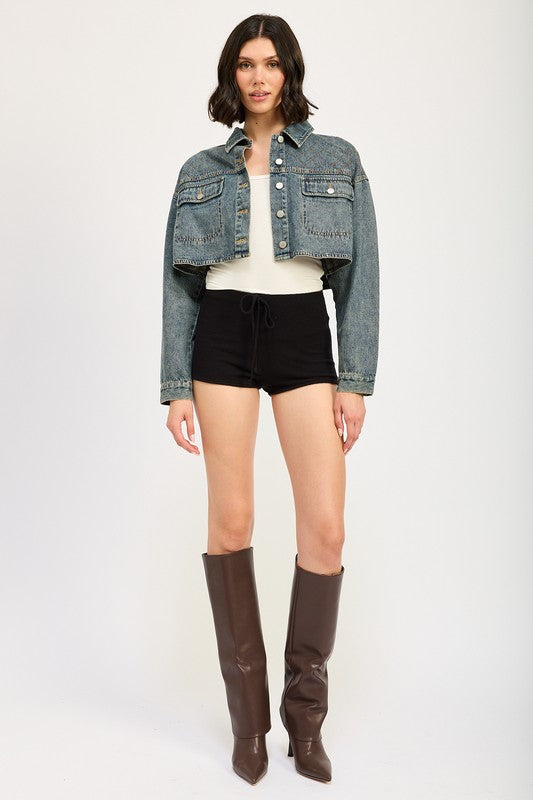 “CHRISTINE” EMBROIDERED DENIM CROP JACKET